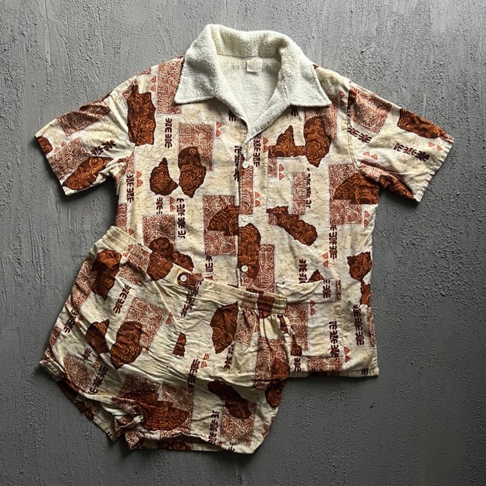 Vintage Jantzen Hawaiian Set XL Brown 1970s Tiki Tribal Terry Cloth Collar